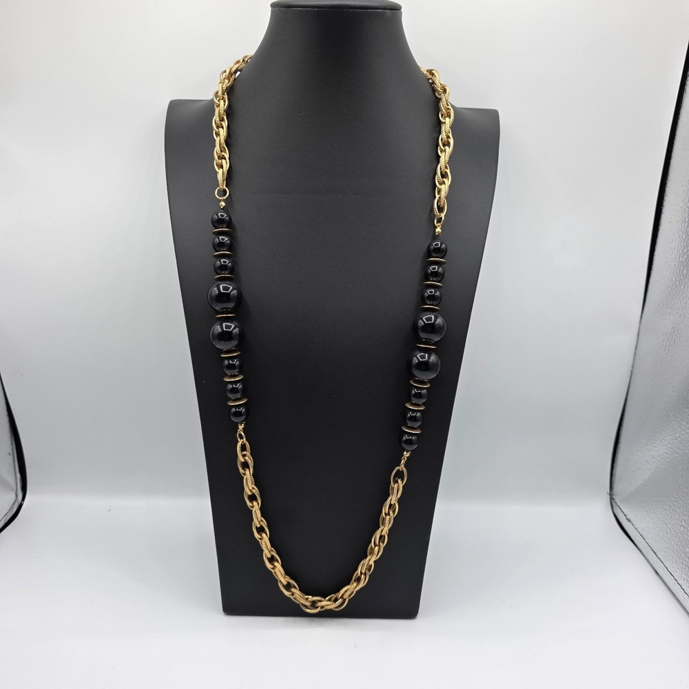Womens Gold Tone Rope Chain With Black Ball‎ Beads Necklace Fashion 41"